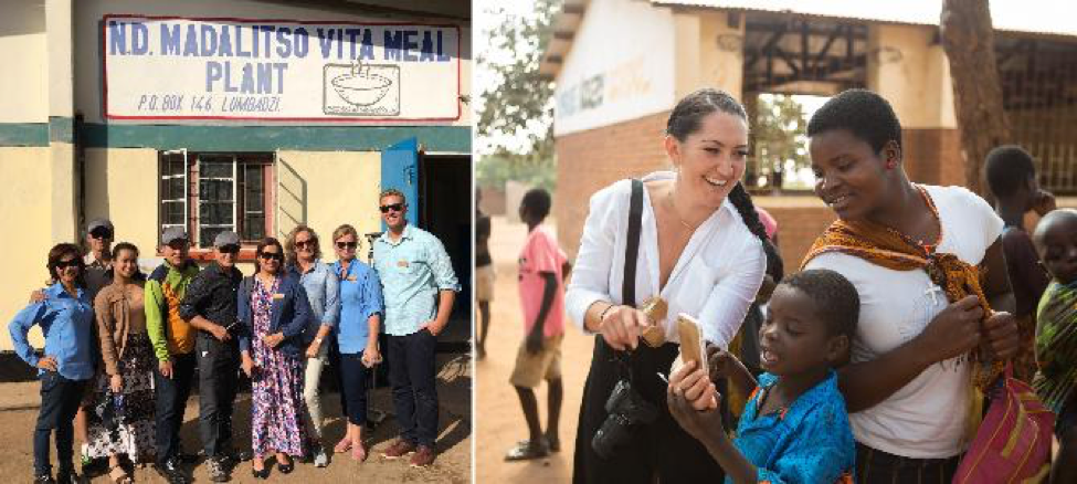 Nu Skin employees and sales leaders pose for a picture in front of the VitaMeal plant in Malawi.